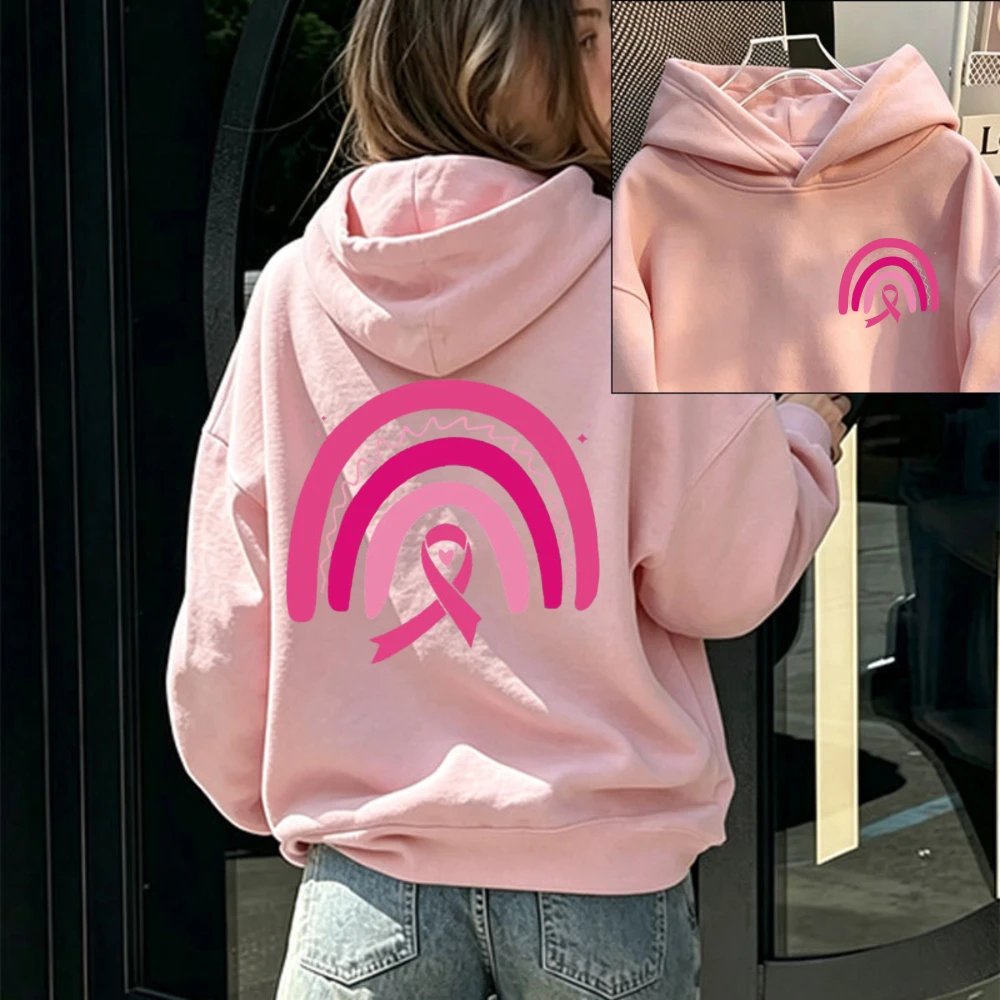 Pink Rainbow Pink Ribbon Hooded Front Mini Rainbow Ribbon Print Back Large Pattern Pullover Breast Cancer Awareness Casual Tops