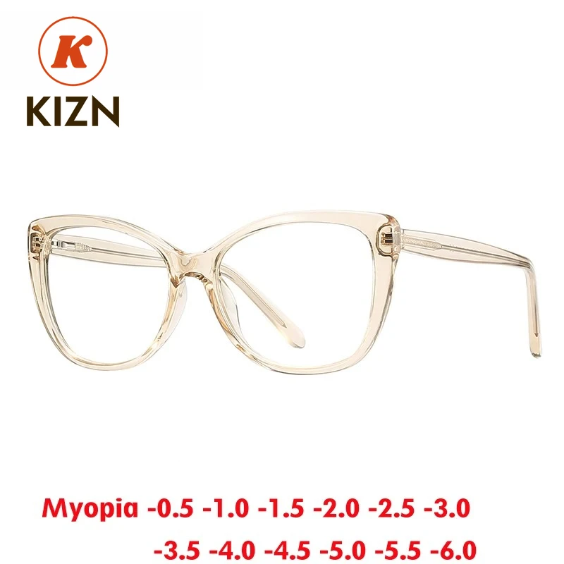 

KIZN Cat Eye Myopia Prescription Glasses Spring Hinge TR90 Women Anti Blue Light Custom Optical Eyeglasses Frame -0.50 TO -10