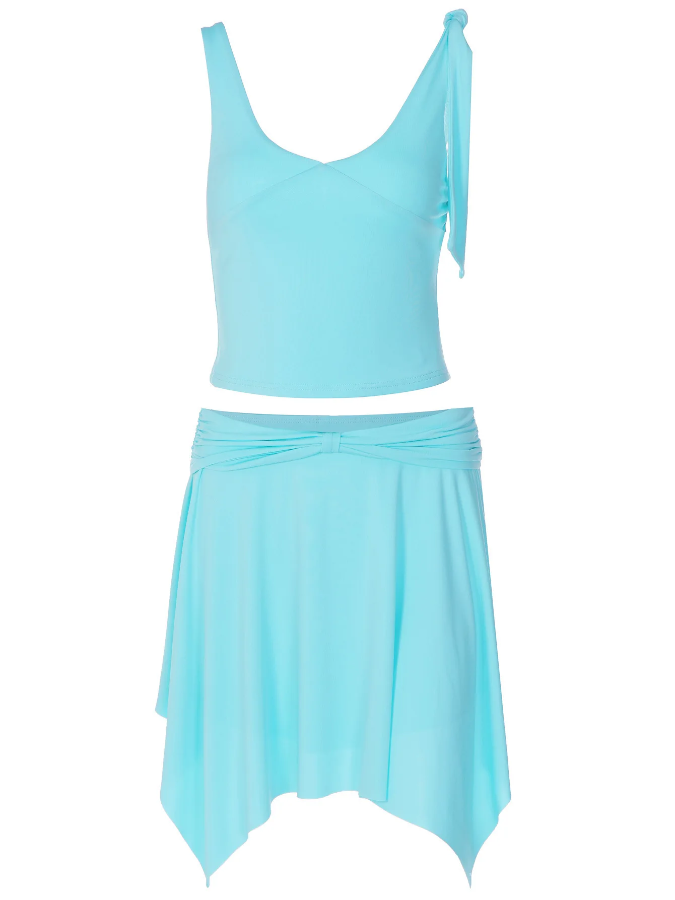 Mintgrünes U-Ausschnitt-Top mit Krawatte und Midi-Rock-Set, Dehnbares Figurbetontes Crop-Top mit Gedrehtem Unregelmäßigem Rock, Zweiteiliges Outfit – Detail 9