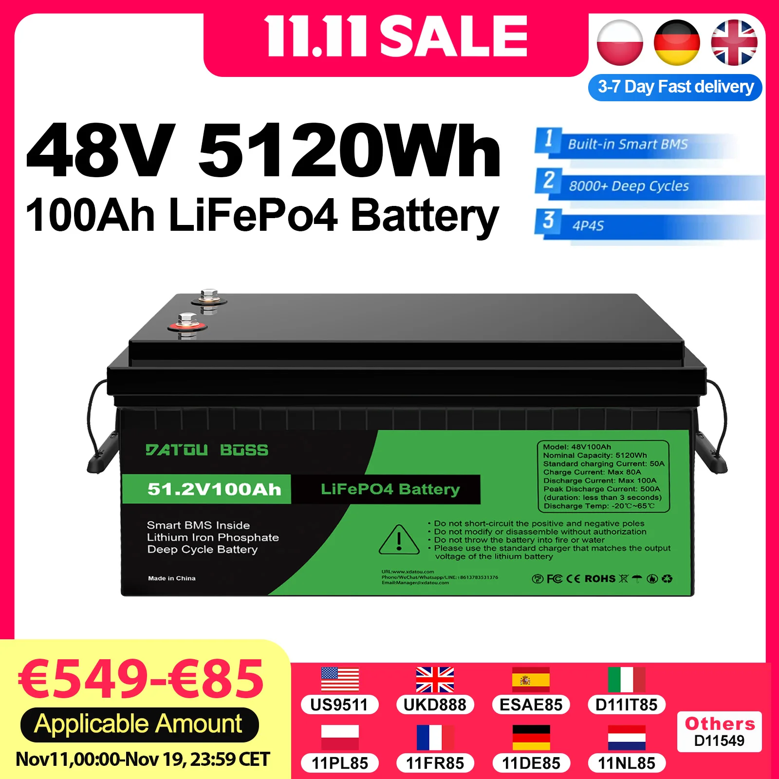 

DATOUBOSS 48V100Ah Power Lifepo4 литиевая батарея 8000 + глубокие циклы Smart BMS для инверторов солнечная система лодка бытовой