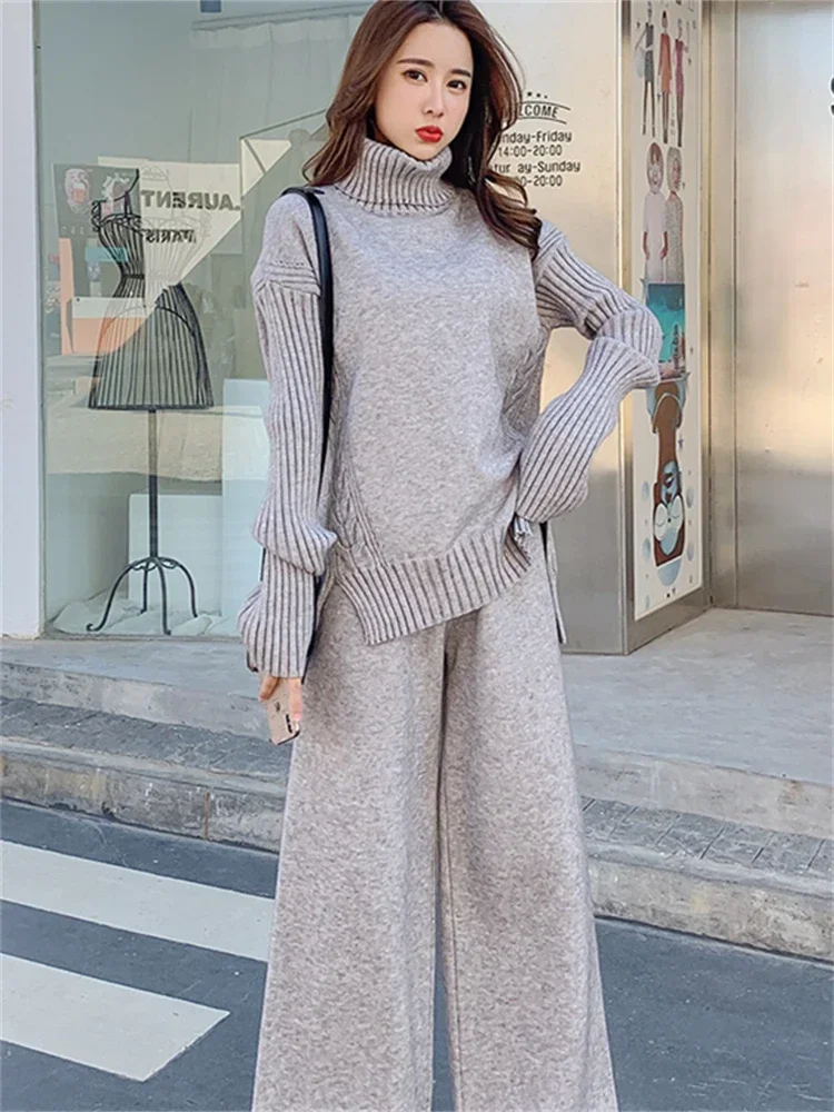 Women Sweater Winter 2 Piece Sets Elegnat Knitted Suits Female Sweaters Vintage Womens Pants High Waist Autumn Vintage Vestidos