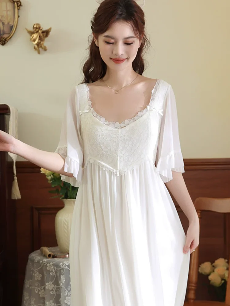 

Short-sleeved Long White Nightgown Women Summer Lace With Chest Pads Embroidered Beautiful Pajama Loungwear Robe Nightdress