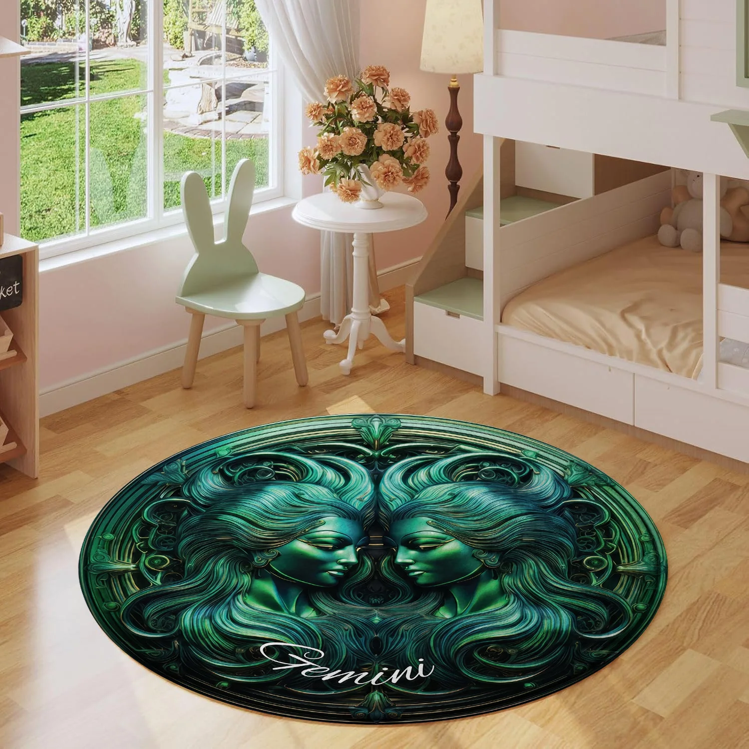 Gemini Constellation Zodiac Sign Twin Goddess Face Emerald Green Pattern Holiday Luxury Round Mat Area Rug Home Decor
