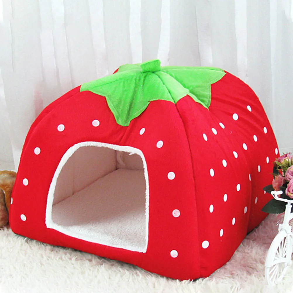 

Pet Bed House Cat Dog Bed Small Pets Warm Sleeping Spot Strawberry Design Foldable Lightweight Anti-Slip Bottom Easy Clean