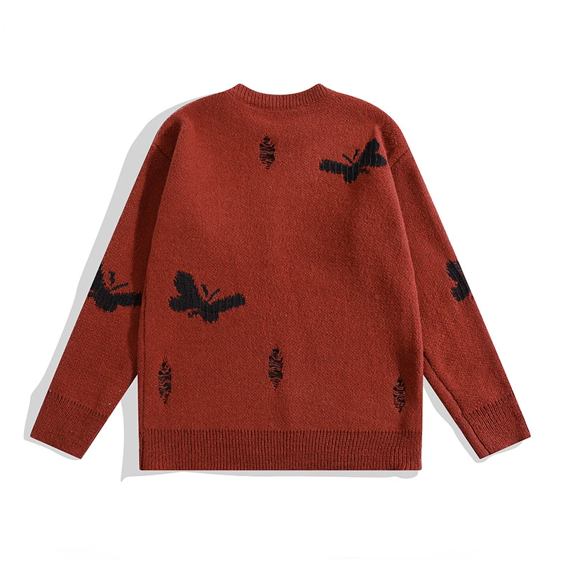 Abfer Sweater Men\'s Winter Autumn Knit Butterfly Pullover High Street Jersey Knitted Harajuku Jumpers Vintage Frayed Sweaters