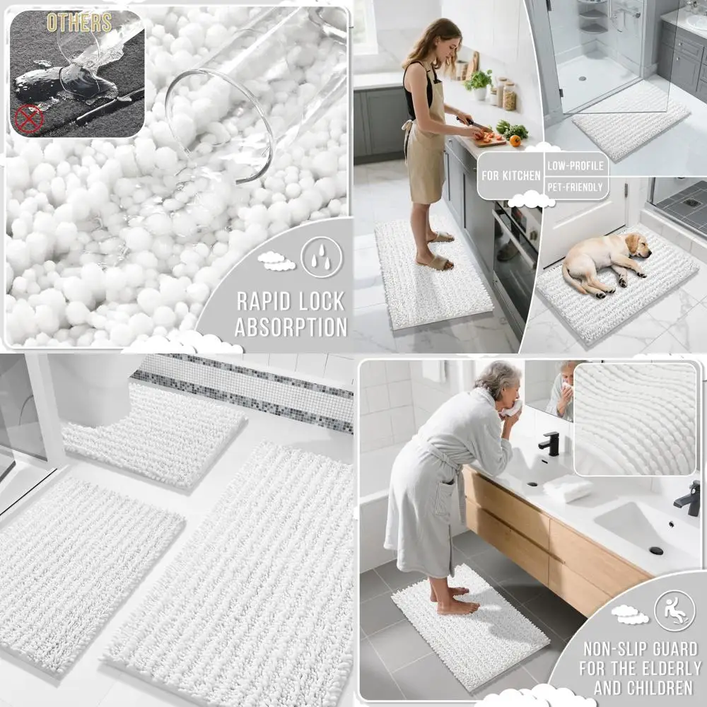 

3-Piece Bath Rug Set: Thick, Absorbent Chenille Mats with Non-Slip Backing for Shower, Tub, and Sink - White