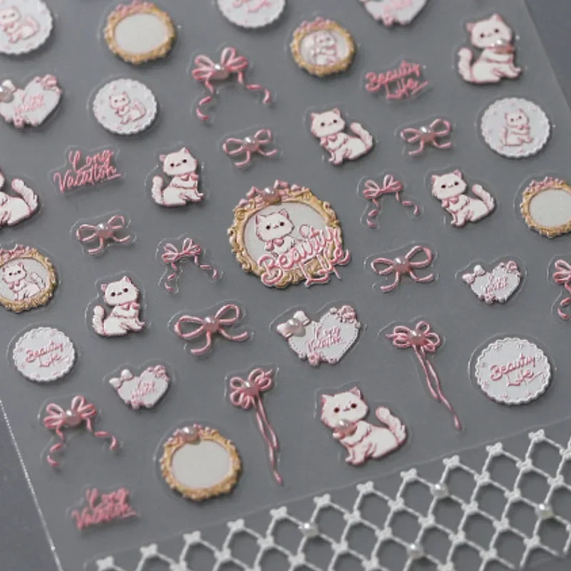 5D 진주 만화 절묘한 카트 활 네일 아트 스티커, 카와이 일본 핑크 리본 장식, 네일 데칼, DIY 액세서리, 1 개