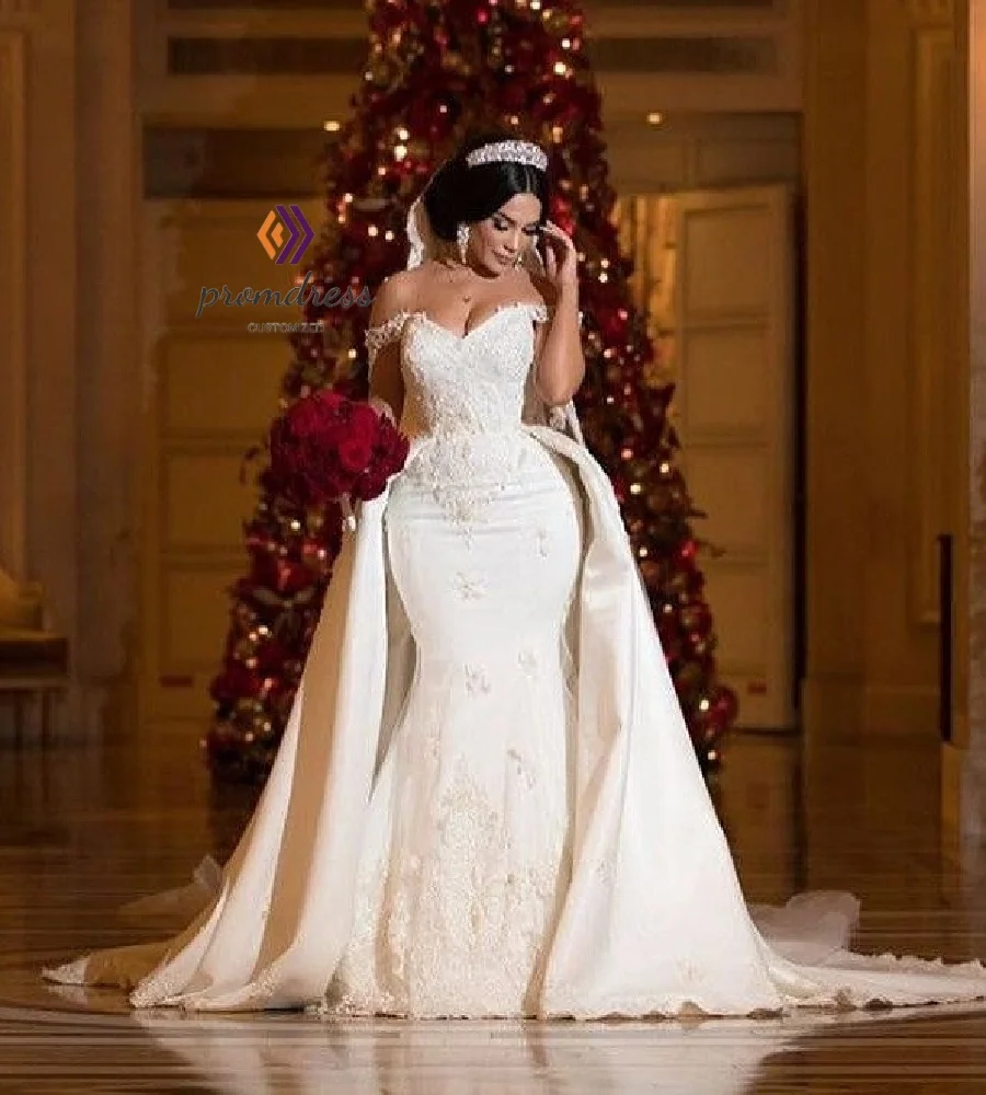 

Glamorous Mermaid Wedding Dress With Overskirt Train Plus Size Lace Elegant Country Bridal Dress 2025 Dubai Arabic Customized
