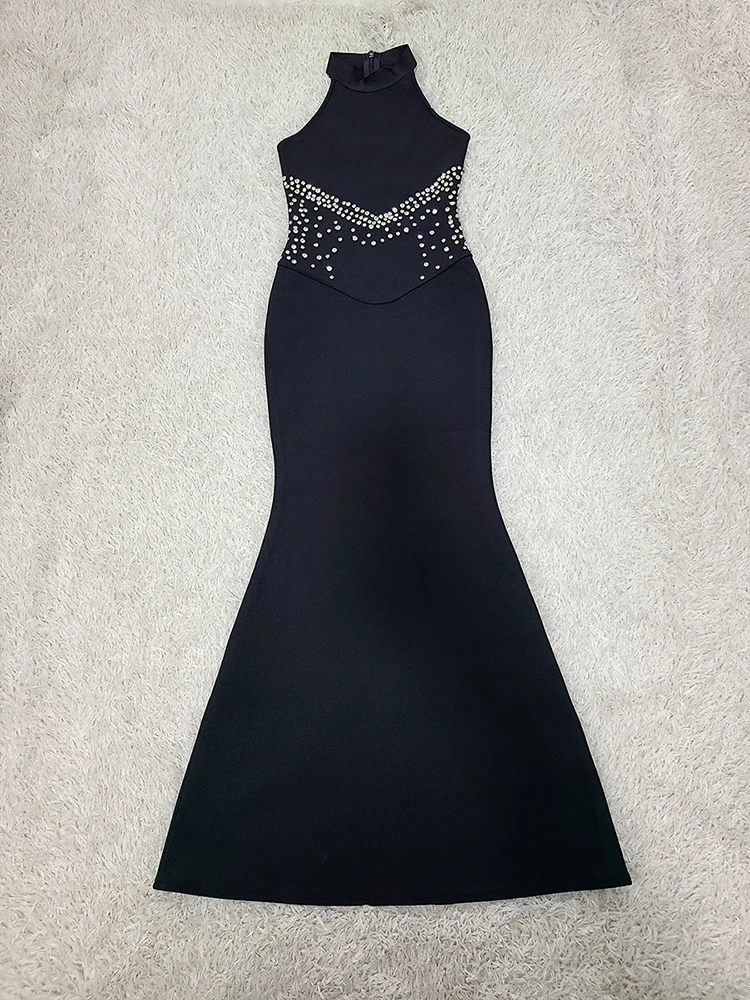 Sexy Halter Neck Diamonds Bandage Long Dress Women Black Sleeveless Crystal Beaded Bodycon Dresses Evening Party Gowns