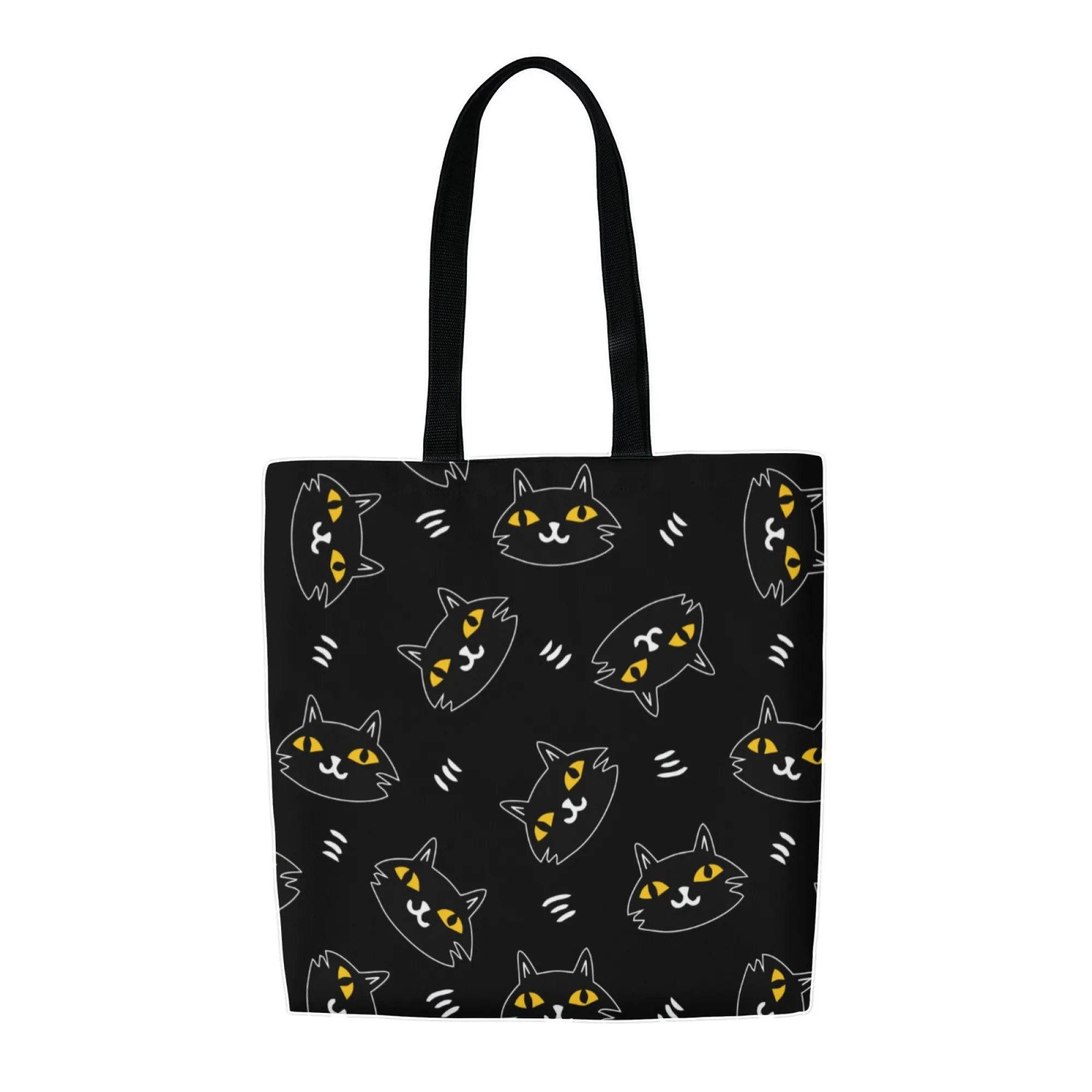 Women's Minimalist Black Cat Canvas Tote Bag Yellow-Eyed Kitten Graffiti Shoulder Bag for Daily Use Lightweight Durable Handbag