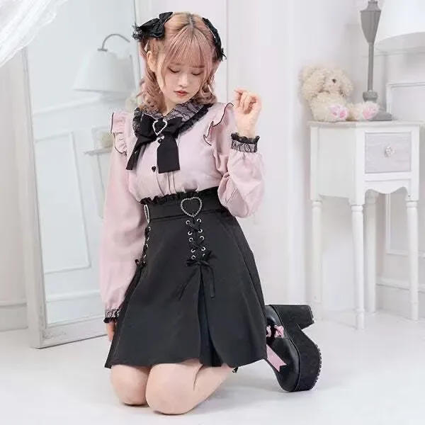 Y2k Aesthetic Harajuku Style Sweet Lolita High Waist Bandage Mini Skirt Slim Women Solid Streetwear Gothic Jk Kawaii Pink Skirt