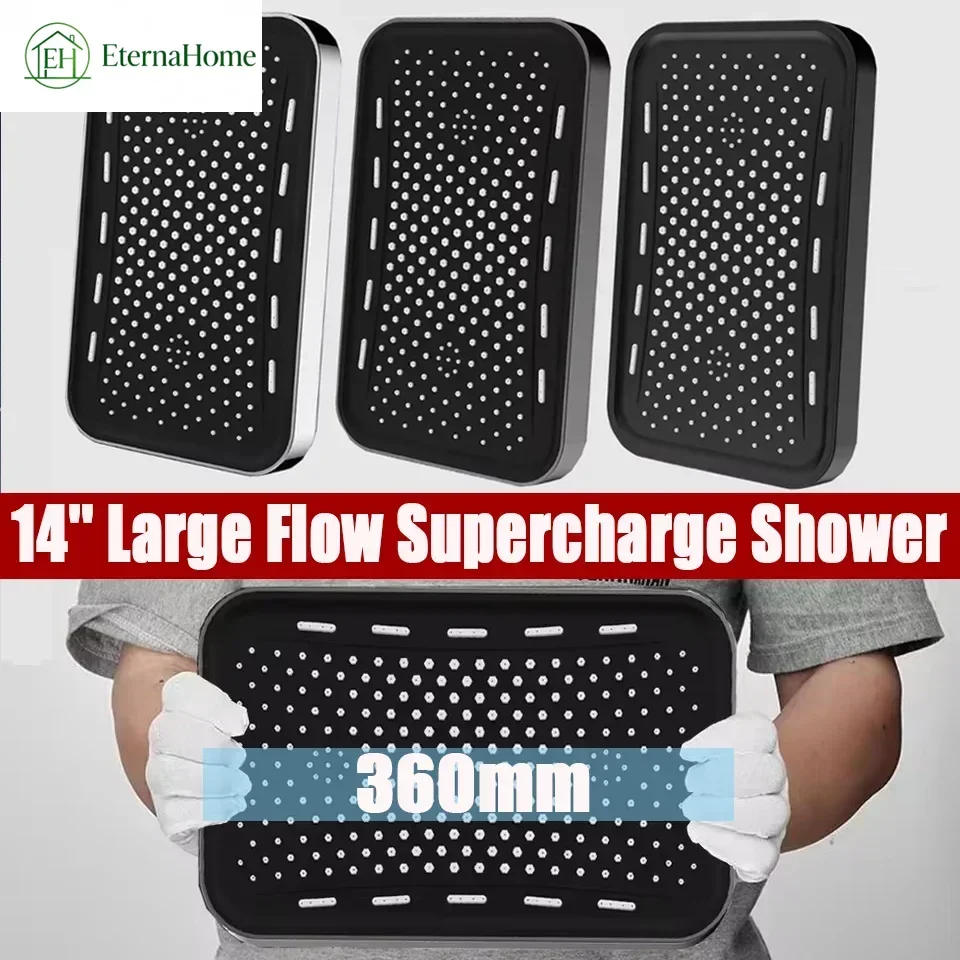 14in 36CM Square Large Panel Waterfall Rain Shower Head Set, Black & Silver High Pressure Overhead Shower for Bathroom