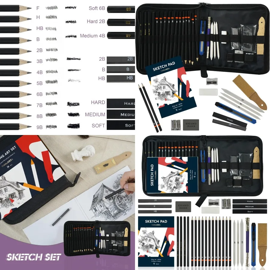 Tavolozza Drawing Art Pencils Set 34 Pack Professional Drawing and Sketch Pencil Set in Soft-Sided Art Portfolio Storage Bags f