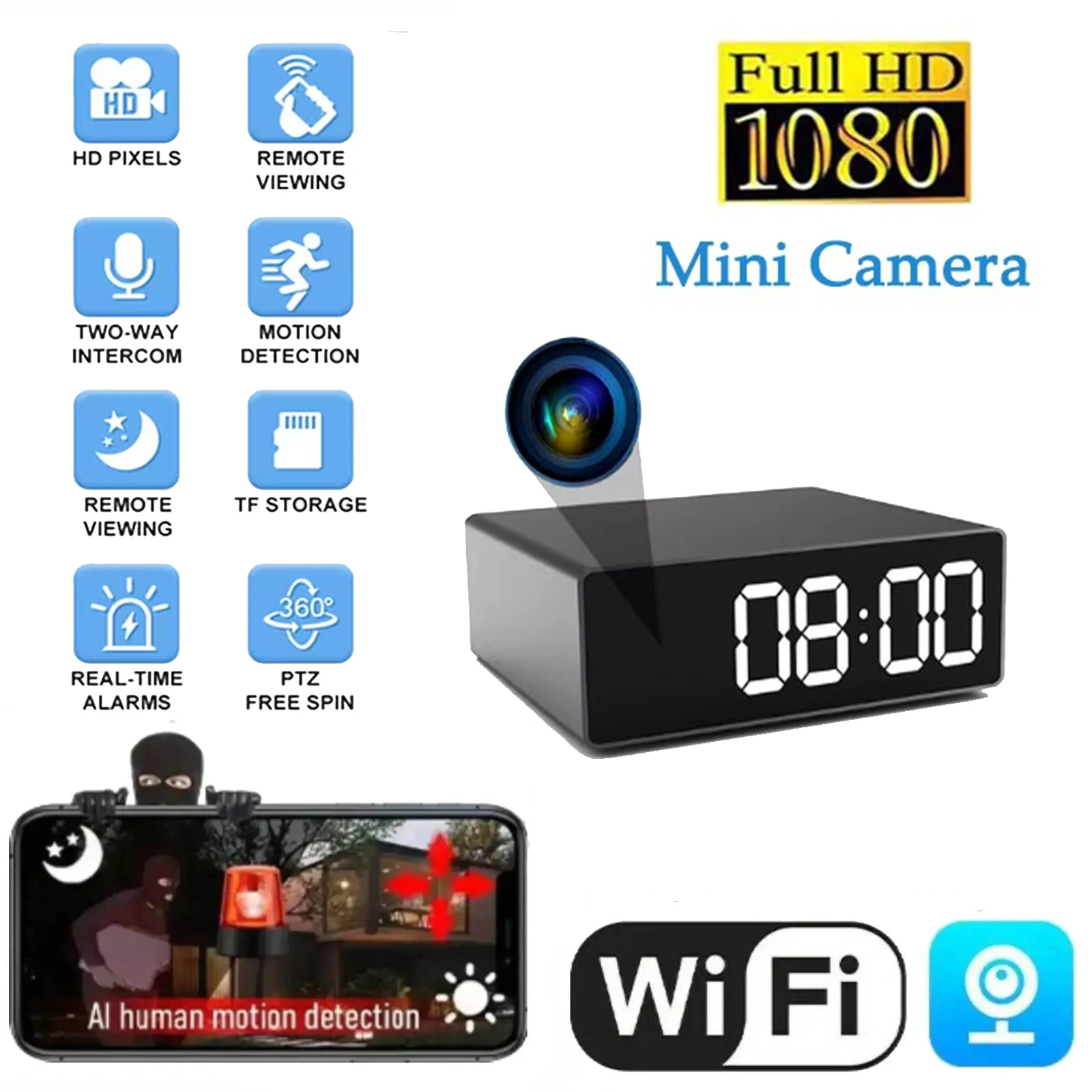 

2025 1080P Mini Smart Alarm Clock Camera WiFi Network Video Motion Detection Alarm Reminder, Night Vision Video Home Security