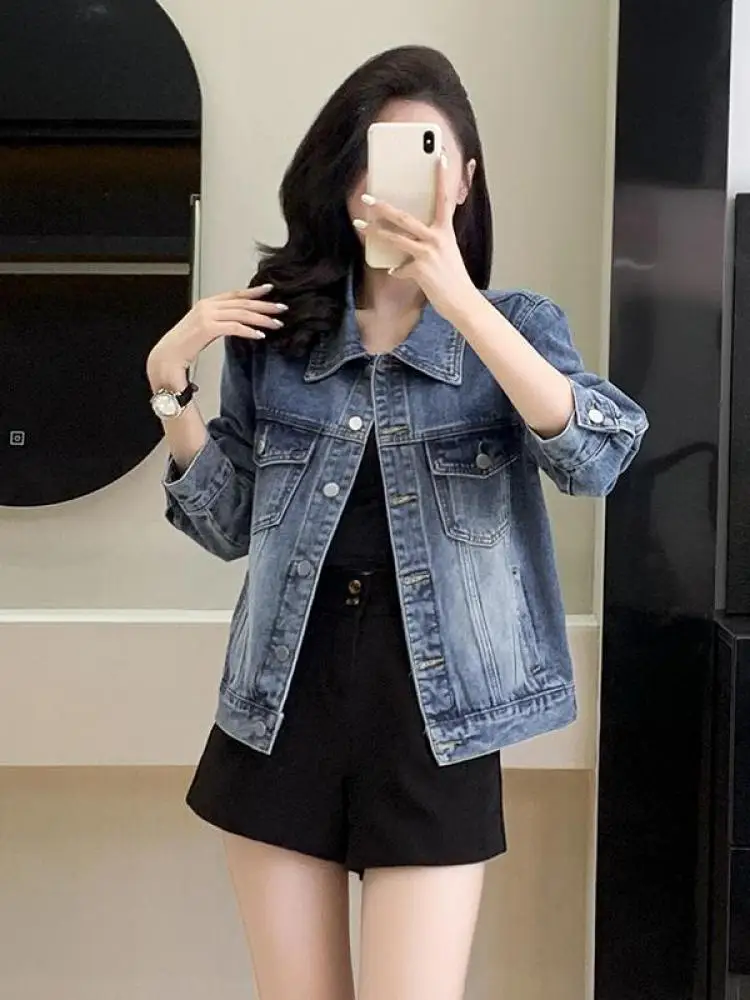 

Women's Denim Jacket Slim Retro Washed Elegant Commuter Versatile Pockets Long Sleeve Jackets Top 2025 Spring Summer New