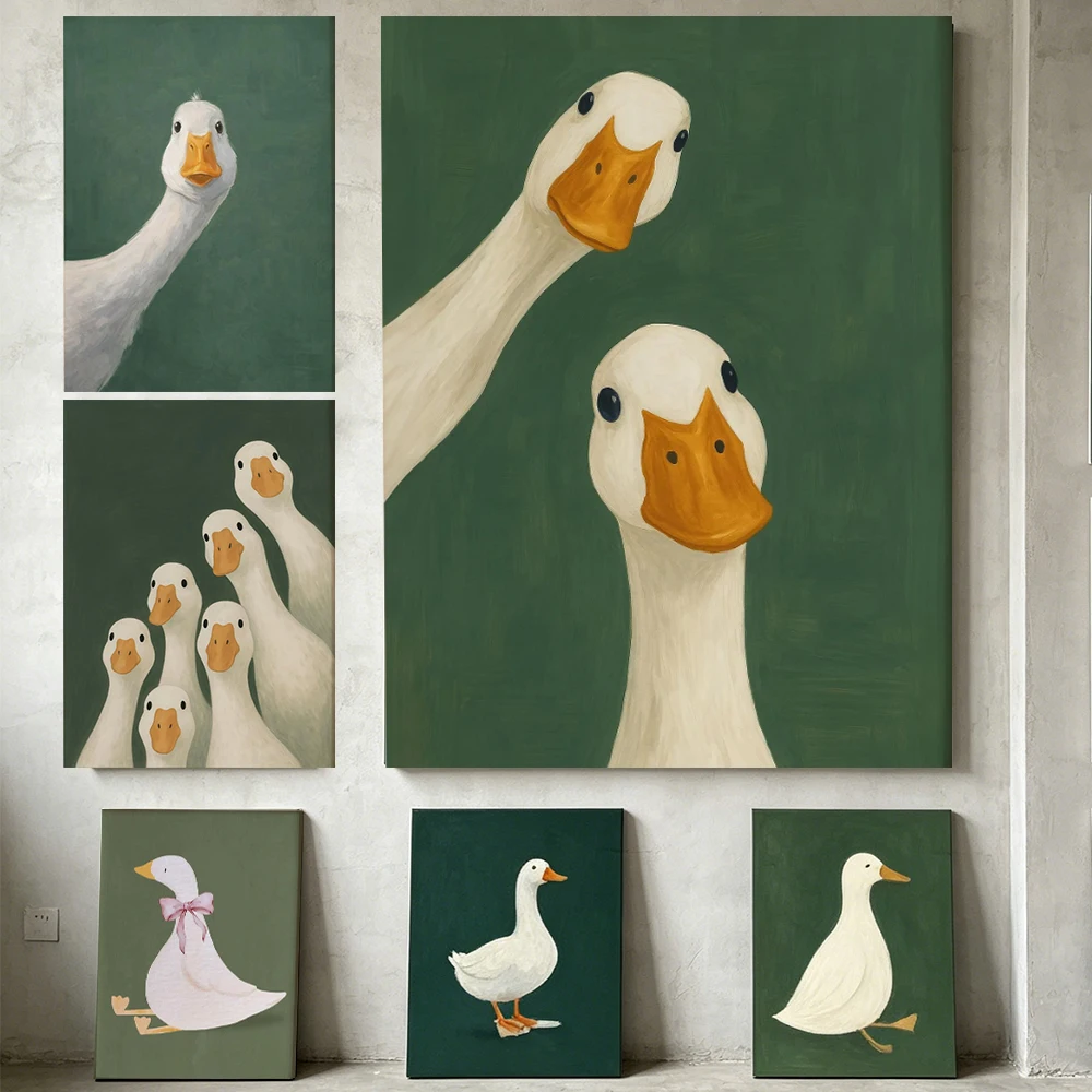 (No frame)Cute Duck Goose Wall Art Funny Cartoon Minimalist Poster Print Fresh Green Love Canvas Painting Modern Bedroom Livi