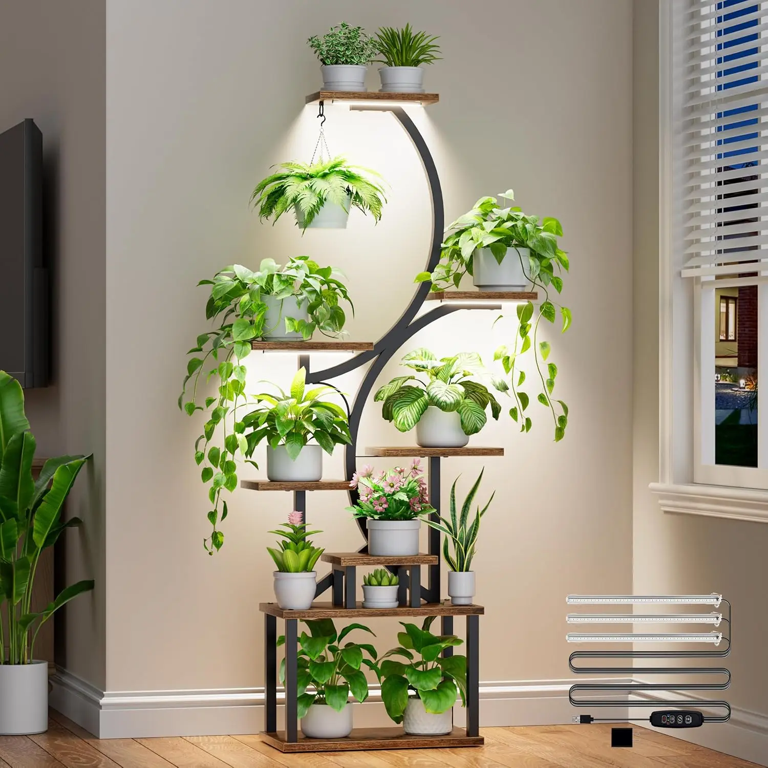 

62" 8-Tier S-Shaped Plant Stand with Grow Lights for Indoor Plants, Brown
