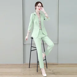 Blazer e calças femininas, roupas profissionais, roupa de escritório preta rosa, conjunto de duas peças, calça preta e verde