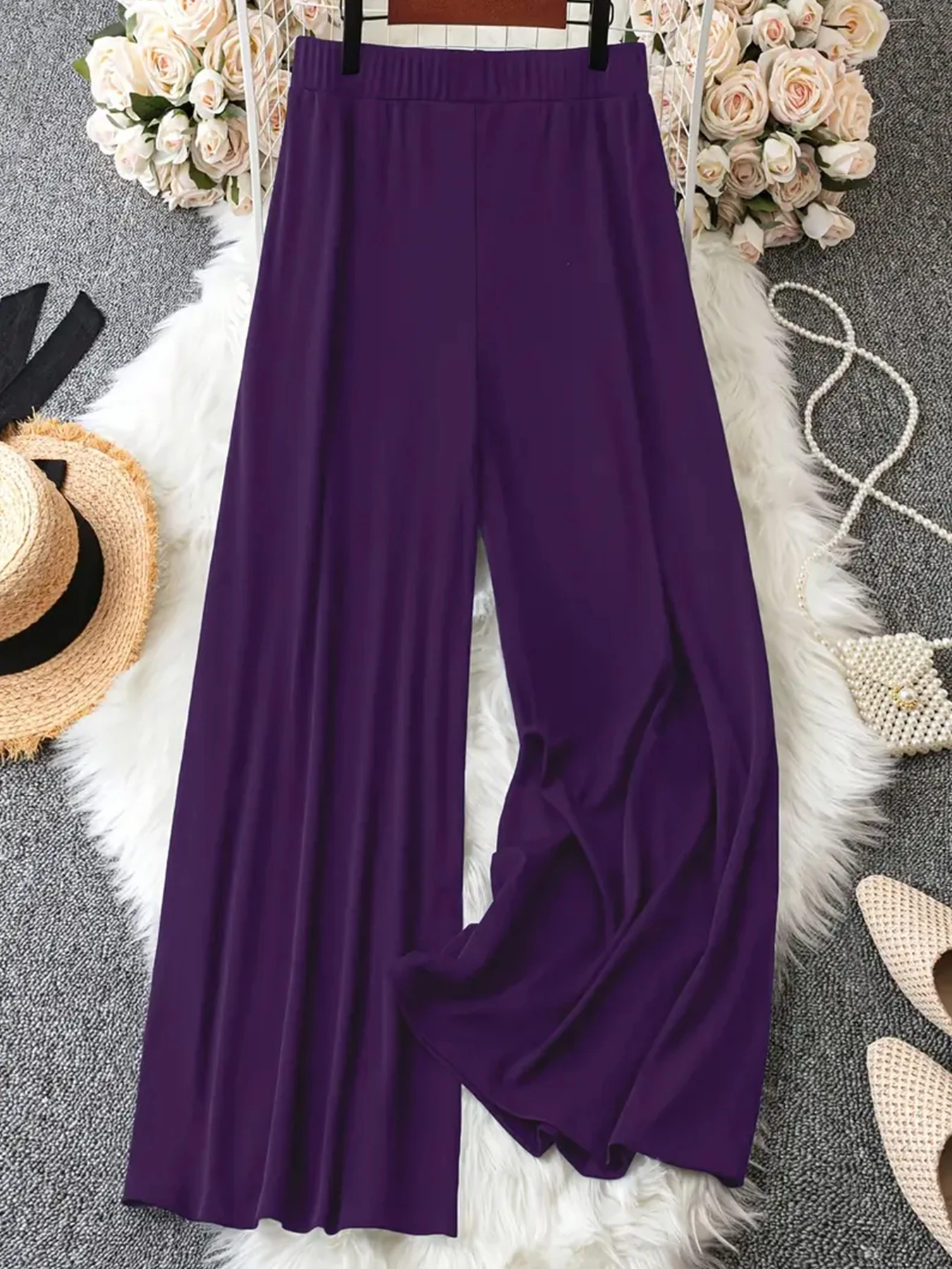 بنطال نسائي عالي الخصر واسع الساق بلون سادة، بنطال كاجوال فضفاض ومريح مع أزرار زخرفية عصرية