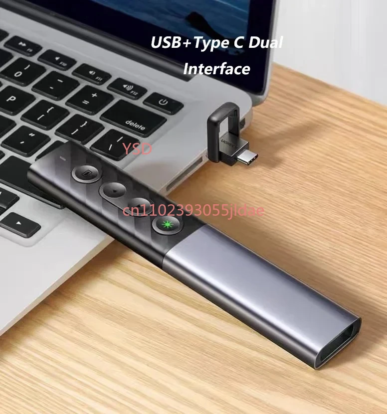 USB-C 2-in-1 Wireless Presentation Clicker Rechargeable Long Distance Green Laser Pointer
