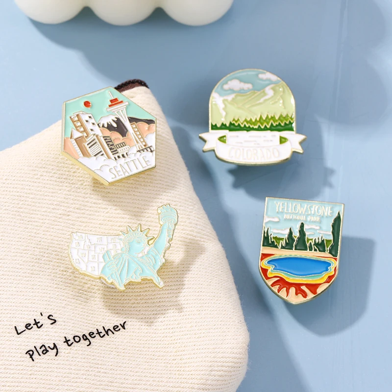 Natural Scenery Pines Lapel Badges Buildings Jewelry Gift for Kids Friends US States Enamel  Brooch Custom Statue Of Liberty