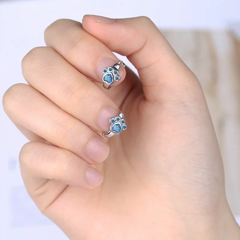 Girls' Lovely Footprint Hoop Earrings Blue/Pink Zirconia Copper Round Circle Cat-Paw Cartoon Ear Piercing Jewelry For Women Gift view 2