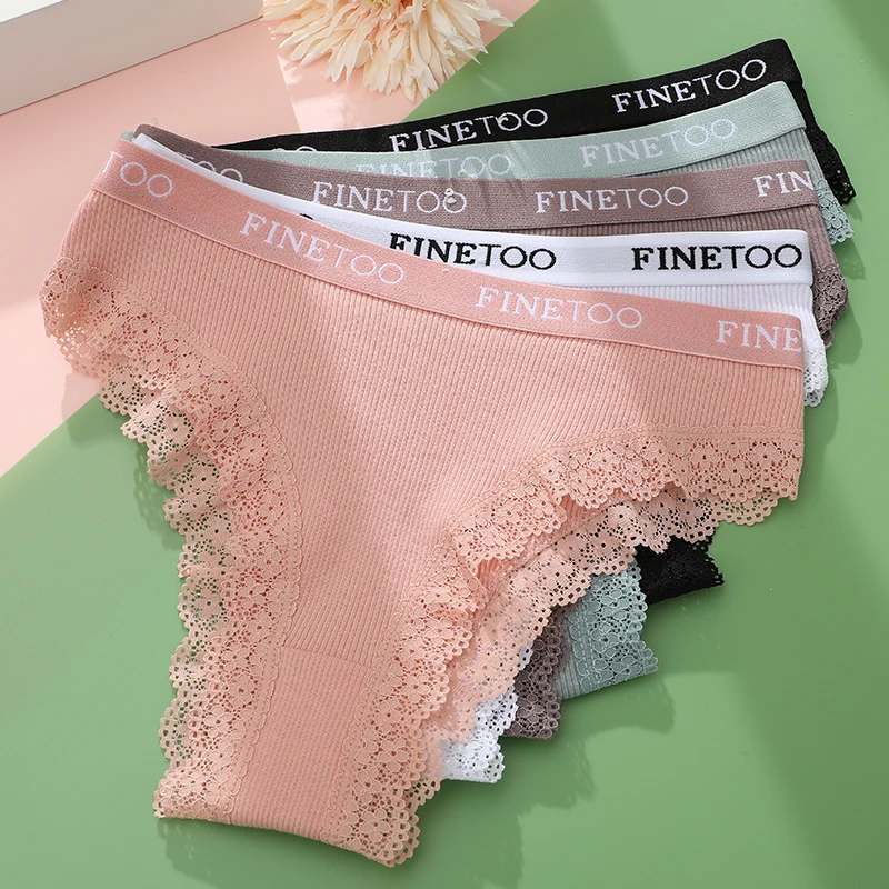 FINETOO 3PCS Women Cotton Panties Sexy Floral Lace Lingerie Design Letter Waist Underwear Girls Briefs M-XXL Brazilian Underpant