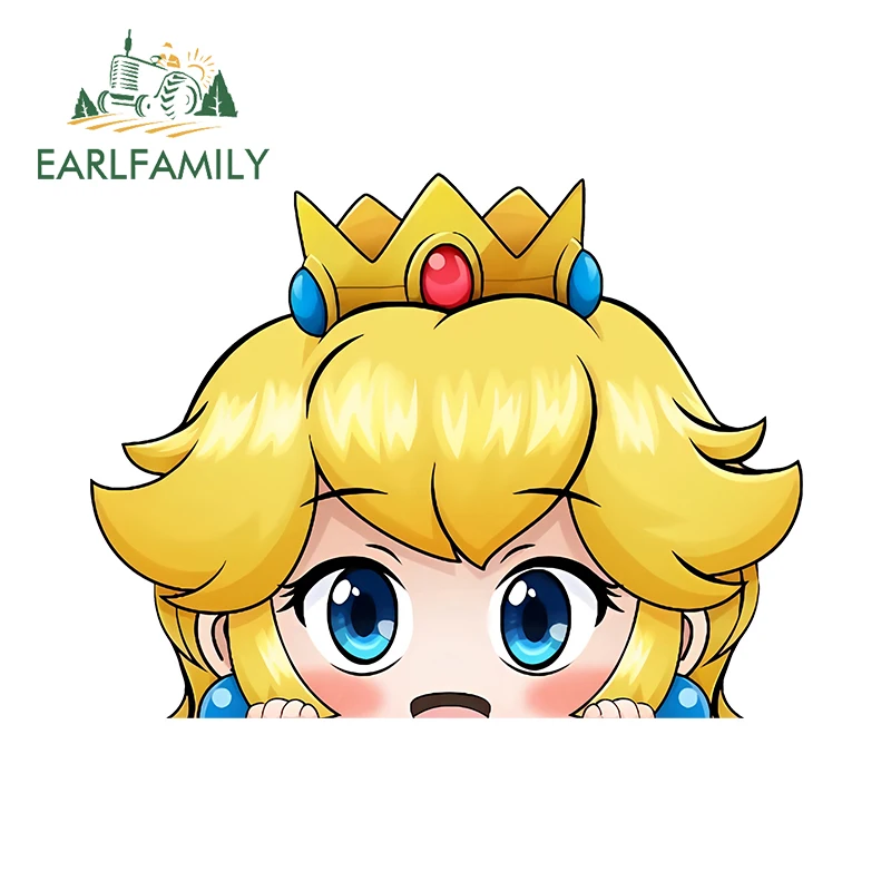 EARLFAMILY Princess Peach Peek Car Sticker Lovely Crown Yellow Curly Hair Accessories Decal Kawaii Bumper Rearview Mirror Decor