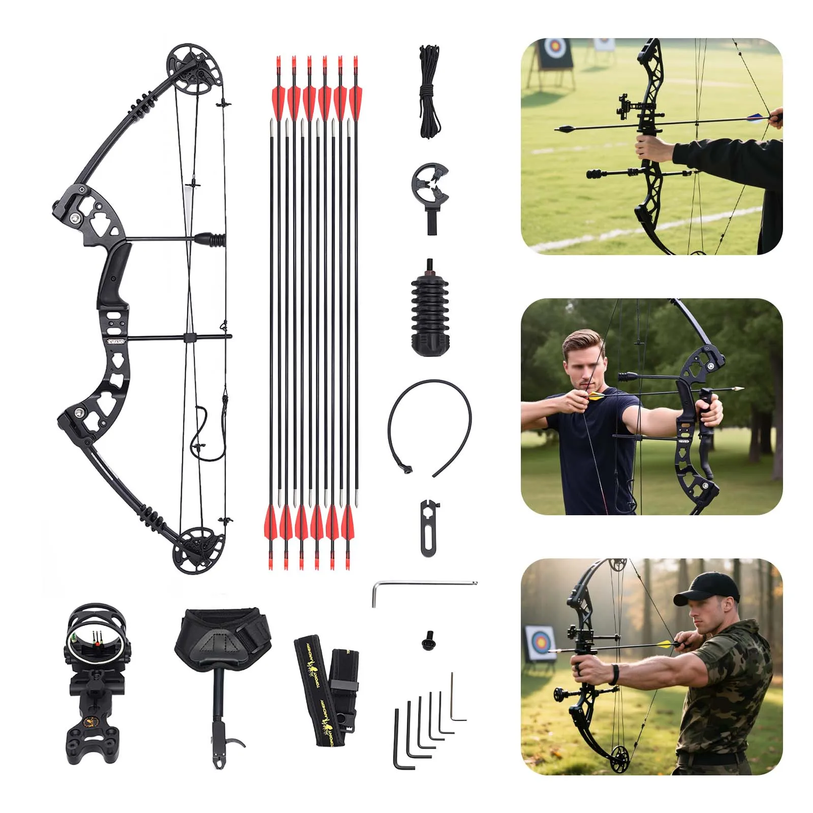 

Compound Bow Hunting Kit with 12 Arrows 3-Pin Sight Adjustable Draw Weight and Length for Archery Enthusiasts,Beginners