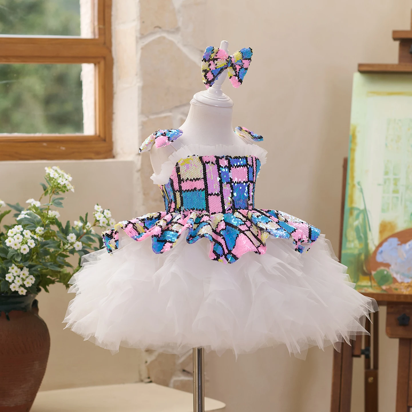 Girls’ Export Princess Dress, Halloween Ball Blue and Red Plaid Black Puff Skirt, Children’s Birthday Party Gown