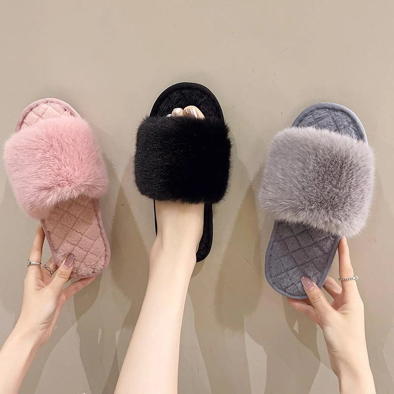 Casual Fluffy Slippers Women Home Fashion Popular Plush Winter Designer Shoes Girls Flat Chic Elegant Platform Slippers Open Toe