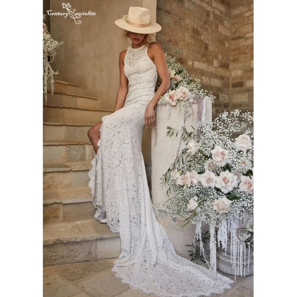 

Boho Mermaid Wedding Dress for Bride 2025 Lace Backless Slit Bohemian Bridal Gowns for Women Vestido De Noiva Customized