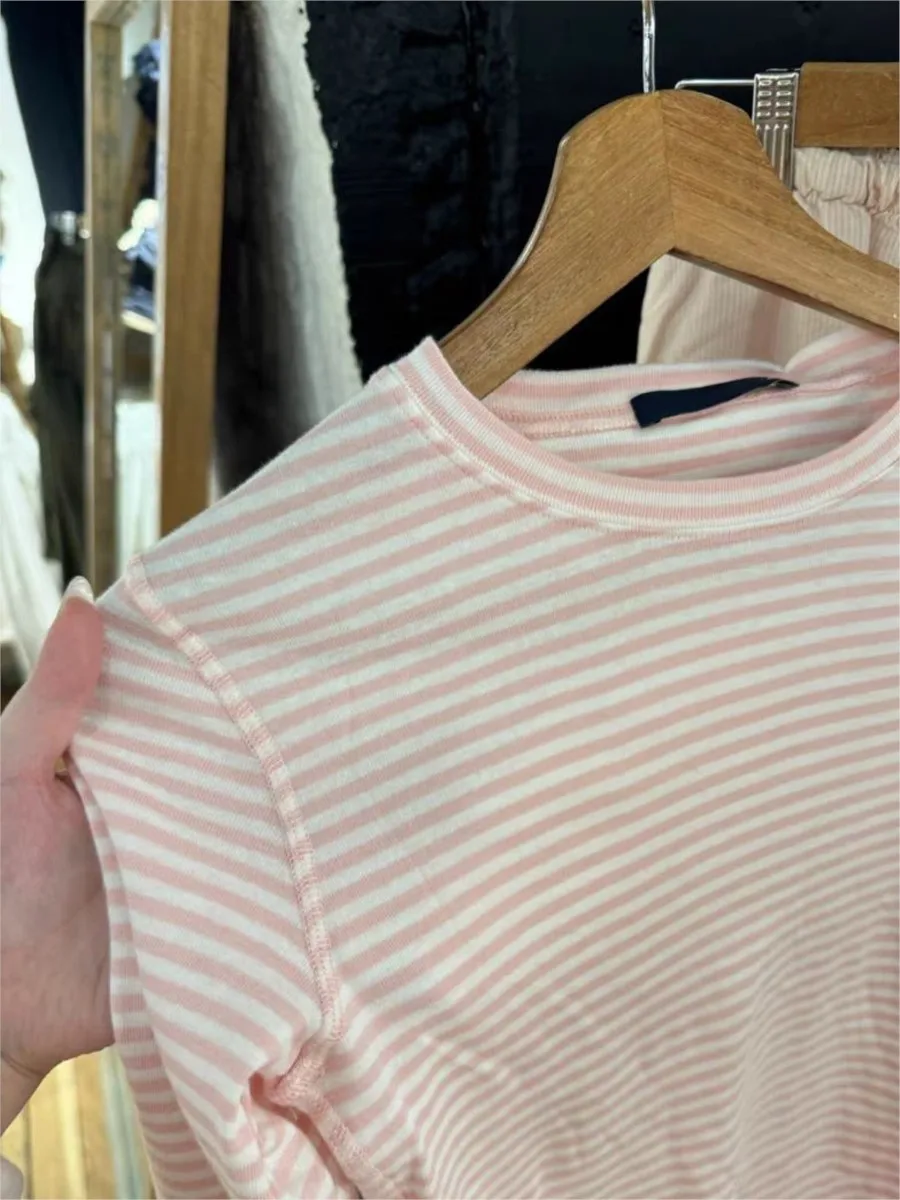 Sweet Pink Striped Long Sleeve T-shirt Woman Spring New Y2K O-Neck Cotton Slim Tshirts Tops Female Cute Preppy Style Tee Shirts