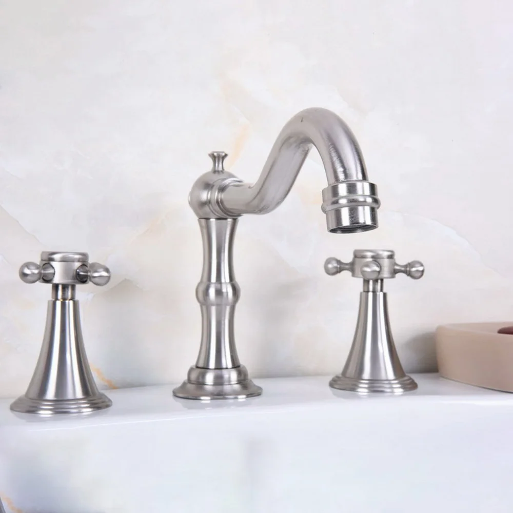 

Basin Faucets Brushed Nickel 3 Pcs Bathroom Sink Faucet Double Handle 3 Hole Deck Mounted Bathtub Hot Cold Mixer Tap Bbn019