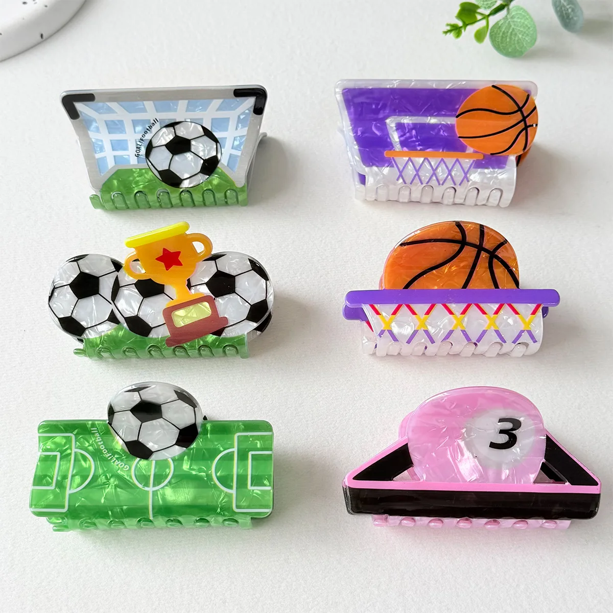 Sports Theme Hair Claw Clips Simulation Soccer Basketball Billiard Trophy Acrylic Large Non‑Slip Hair Grab Clips Fun Novelty Hai