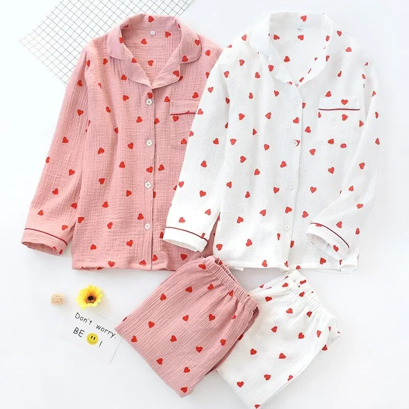 

Nightwear 2PCS Pant Collar Print Sleepwear Shirt Spring Casual Loose Womens Fashion Down Pajamas Autumn Suit Turn Heart Ladies