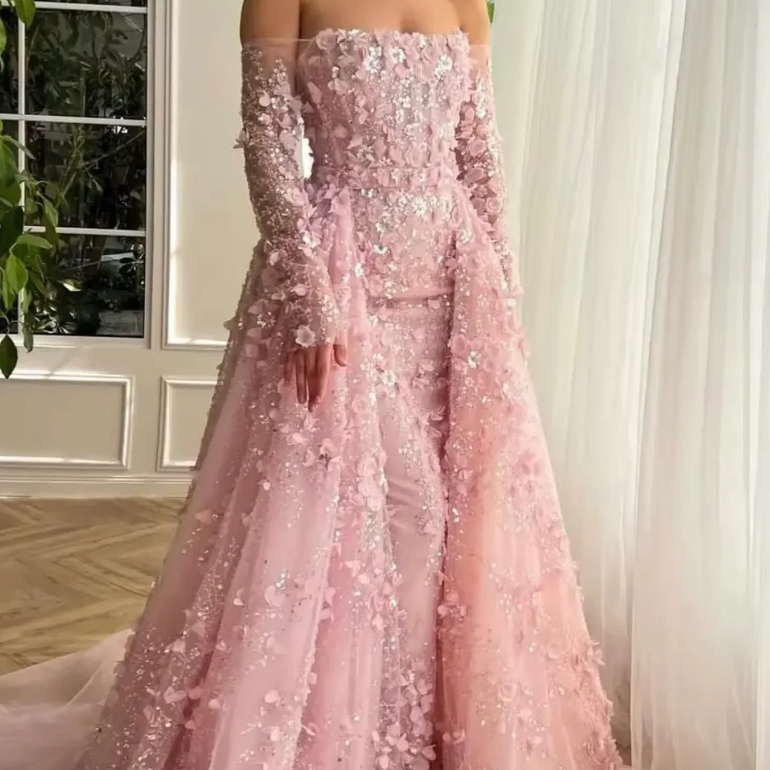 فساتين لحضور الحفلات الموسيقية الفاخرة باللون الوردي مع زينة من الدانتيل والترتر بدون أكتاف وأكمام طويلة ثوب مسائي رائع مخصص 2025