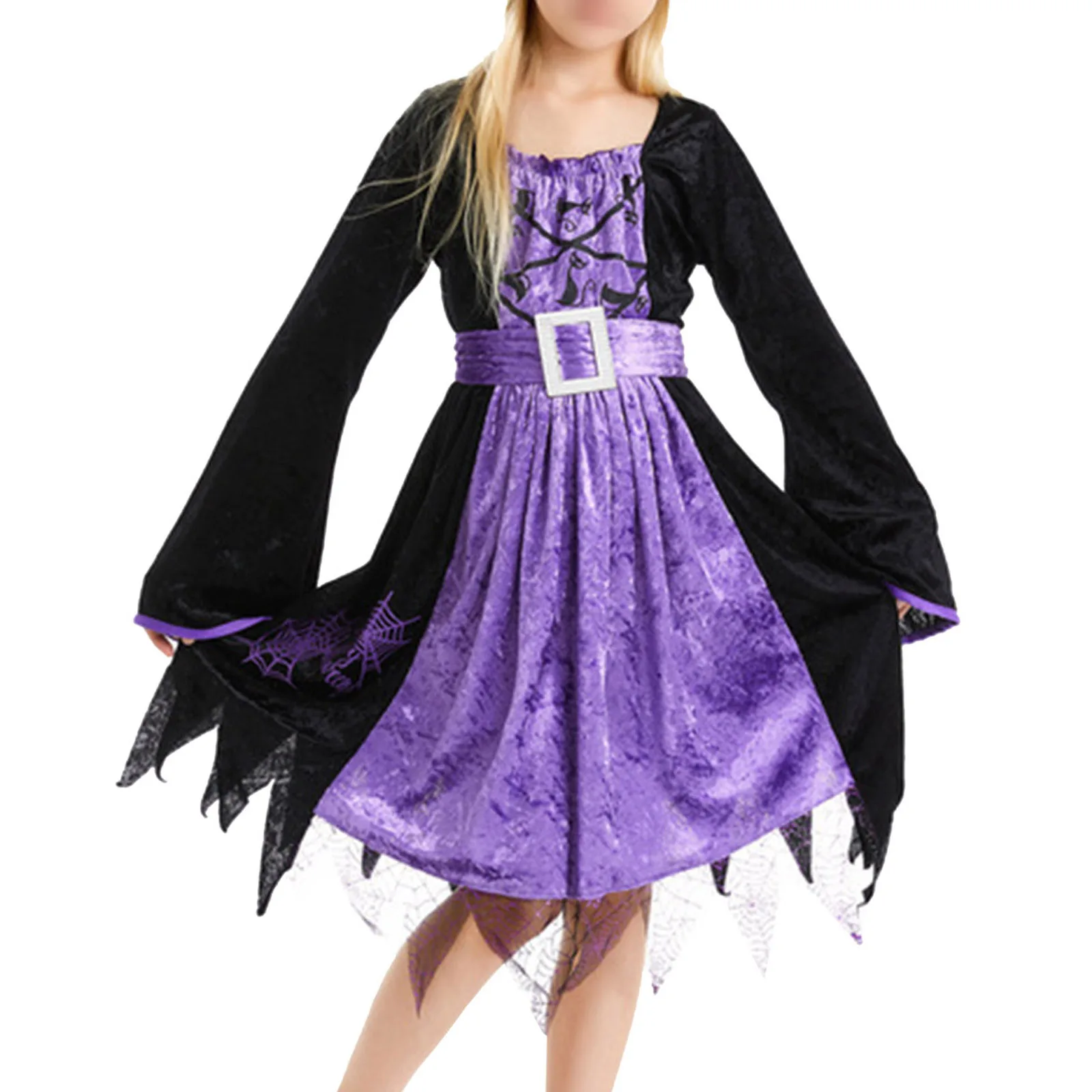 Kids Girls Halloween Witch Costume Long Sleeve Irregular Hem Dress with Waistband Witch Hat Carnival Party Cosplay Performance