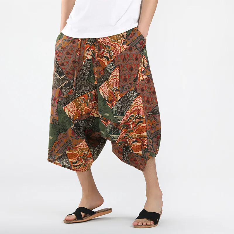 Summer Chinese Style Men's Retro Trendy Shorts  Streetwear Wide Leg Pants Male Harajuku Style Vintage Men Harem Pants