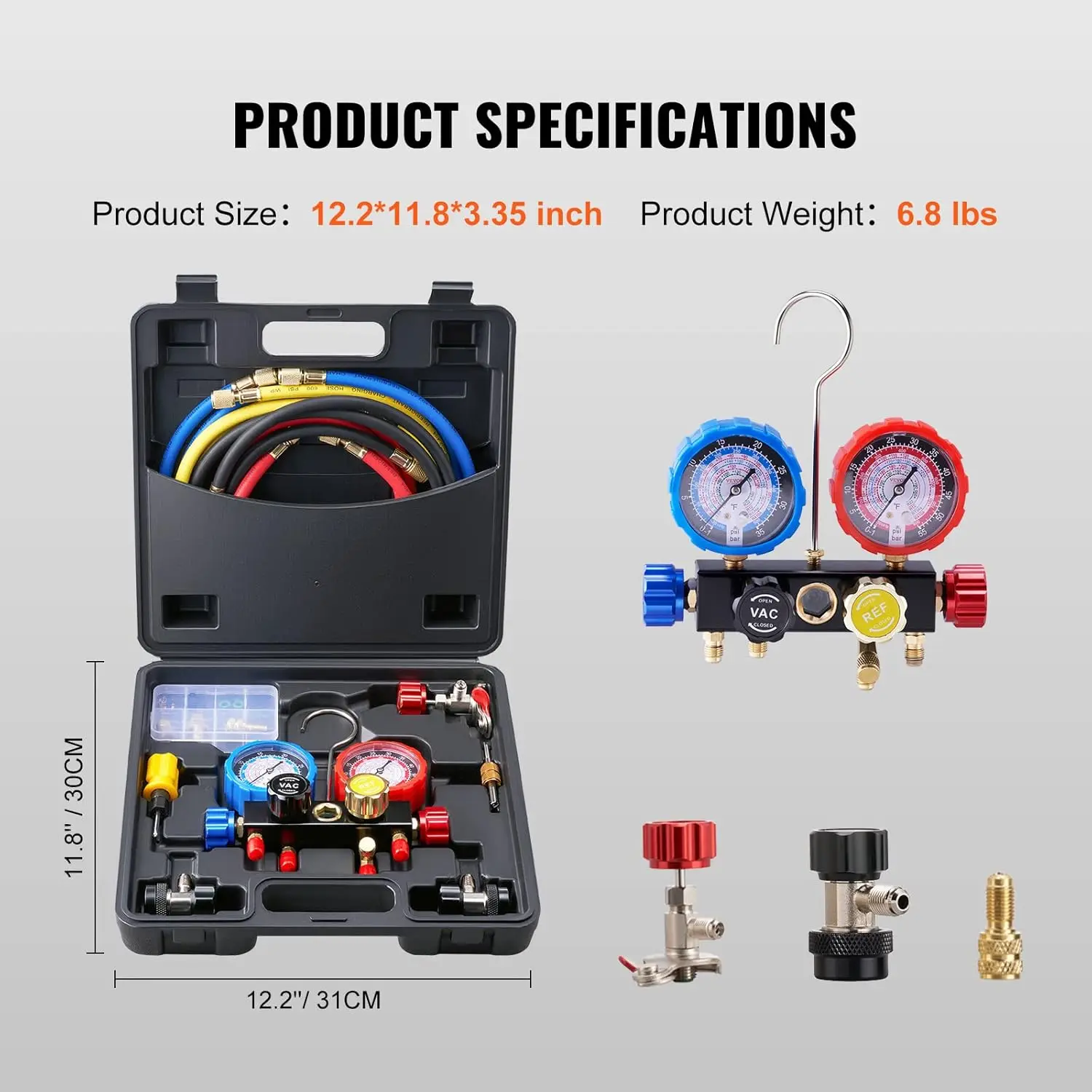 4 Way AC Gauge - AC Manifold Gauge Set for R134A R22 R12 R410A Refrigerant, Freon Gauges with 5ft Hoses