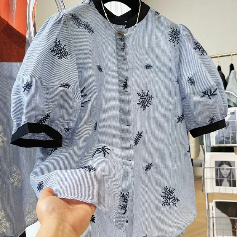 

Stripes Women's Blouses Korean Shirts FASHION Loose Spring/Summer Vintage Clothing Embroidery Short Sleeve Women Tops
