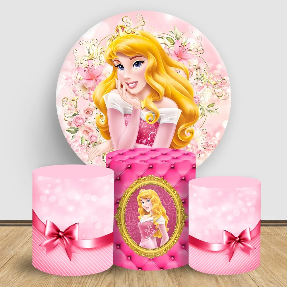 

Disney Princess Aurora Round Pink Background Cylinder Cake Tablecloth Cover Girl Birthday Baby Shower Party Decor Customized