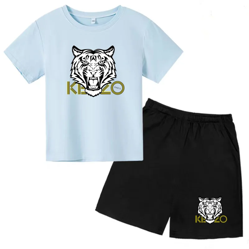Camiseta para niños y niñas de 3 a 12 años, ropa de marca con estampado de tigre bonito a la moda, manga corta + Pantalones cortos, conjunto deportivo de ocio al aire libre 2P