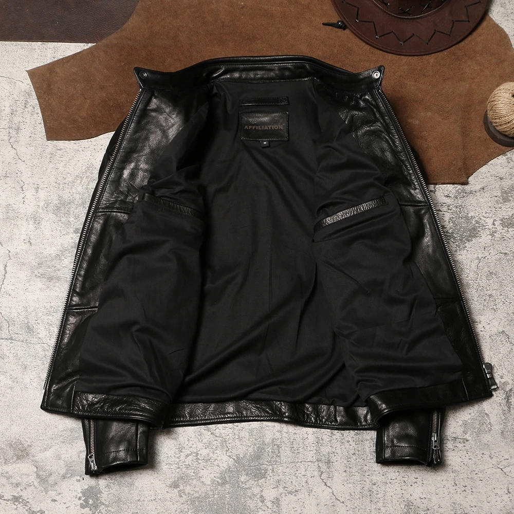 Black Autumn Leather Jacket Men Stand Collar Plus Size 5XL Natural Thick Cowhide Slim Fit Short Genuine Leather Coat