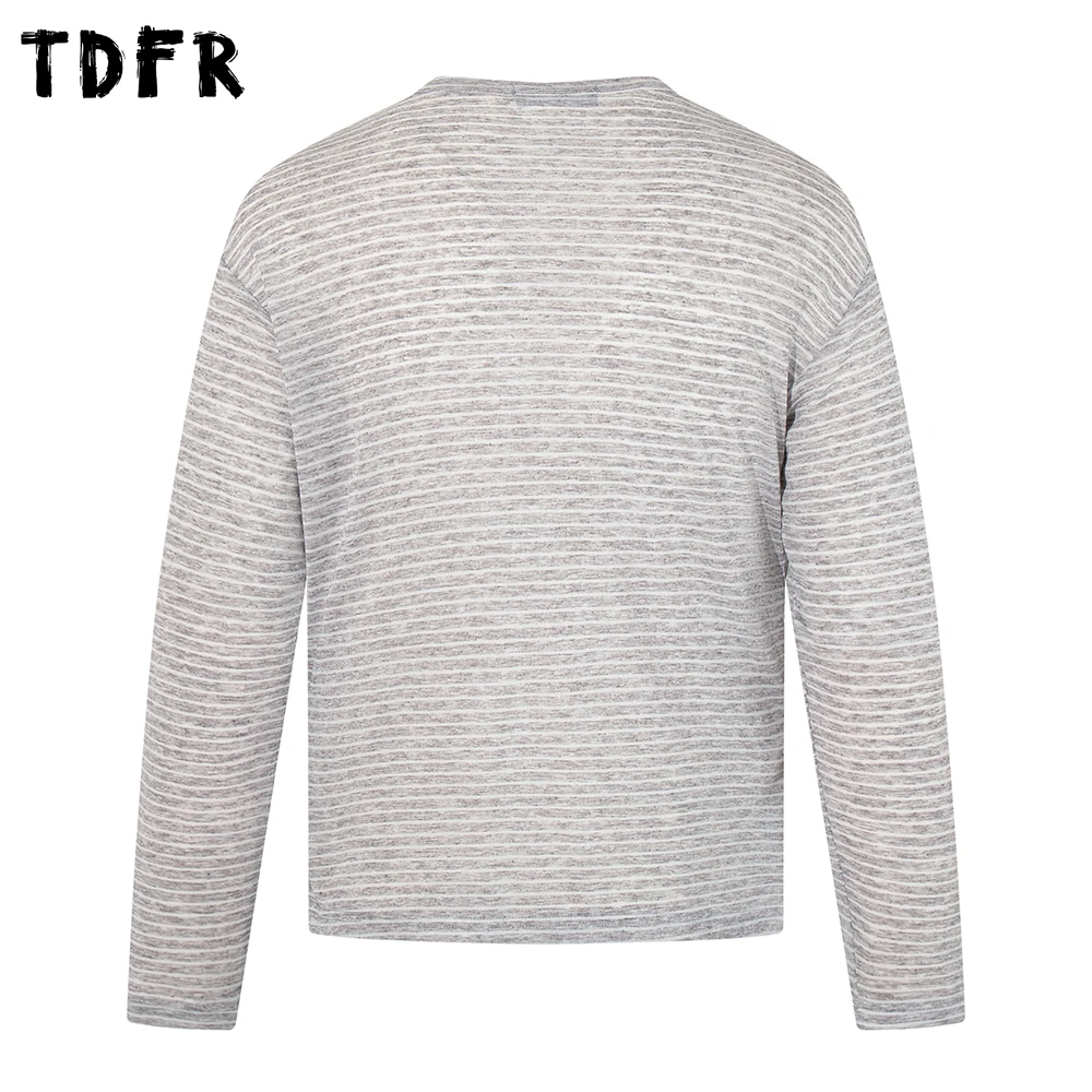 Basic Pinstripe Long Sleeve T-shirt Mens Split-Hem Spring Casual Retro Loose Crew Neck Tee Man Tshirt