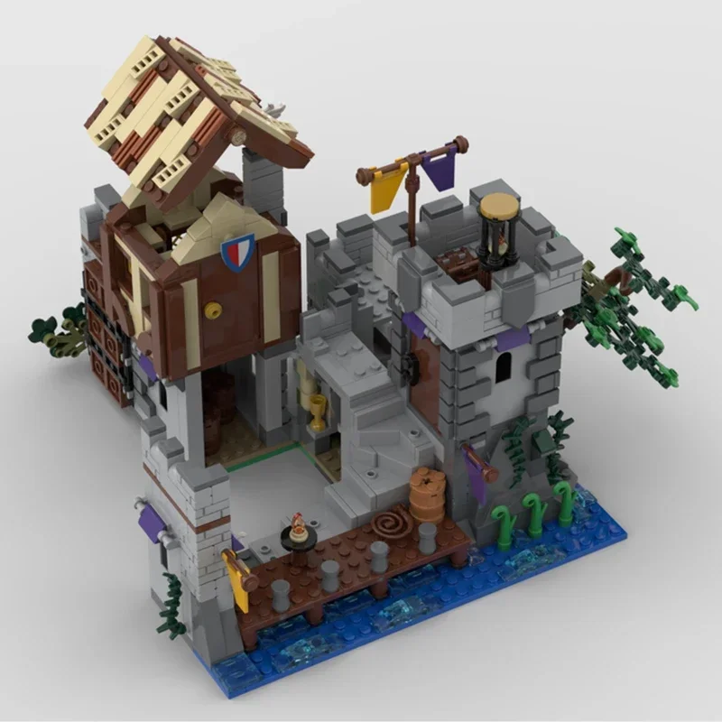 Medieval vista de rua modelo moc tijolos de construção aldeia rio porto tecnologia blocos modulares presente brinquedos natal diy conjunto montagem