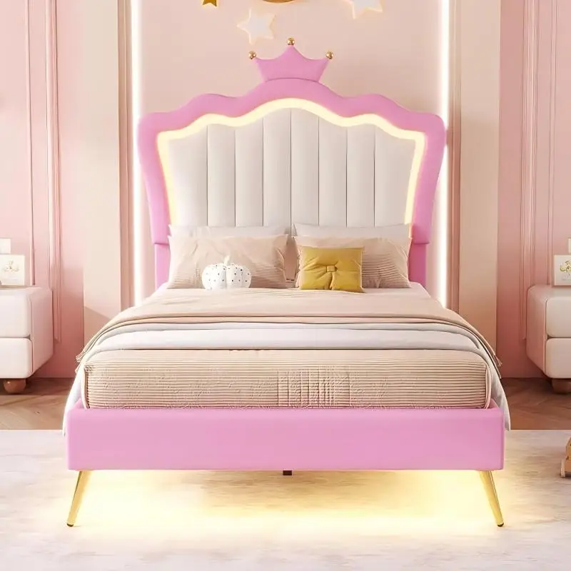 Cama de princesa de tamanho duplo com gavetas de armazenamento para meninas, estrutura de cama de tamanho duplo fofa para crianças, estrutura de cama estofada de solteiro com LE