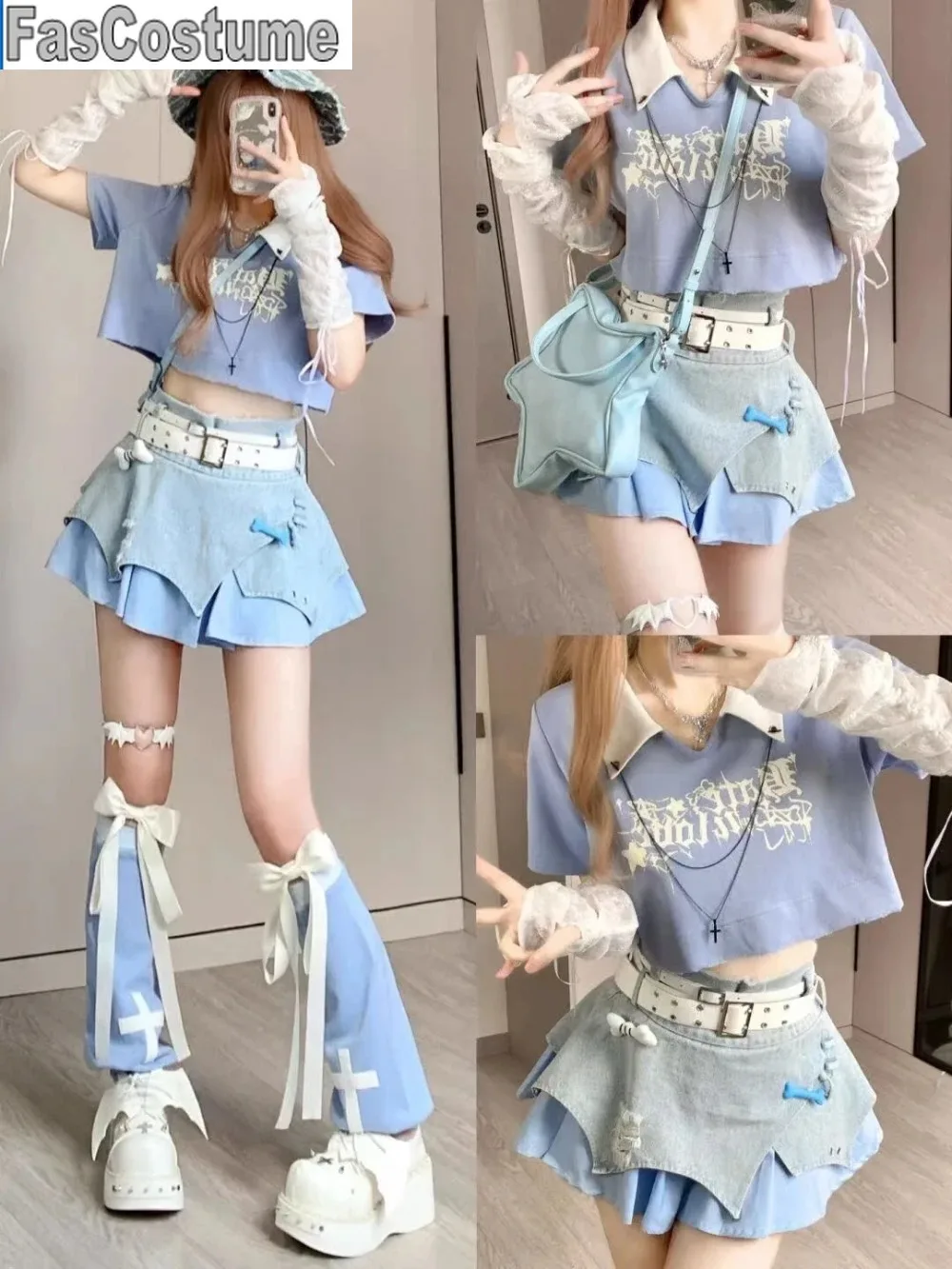 

FasCostume, комплекты юбок для девочек, комплекты с юбкой для девочек, женские летние короткие топы, джинсовая юбка с высокой талией, комплект из трех предметов Kawaii для женщин