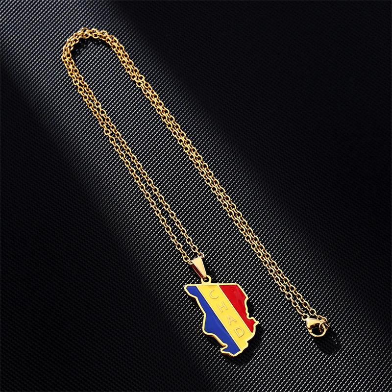 Stainless Steel Republic of Chad Map Flag Pendant Necklaces Gold Silver Color Enamel Party Charm Jewelry Tchad Maps