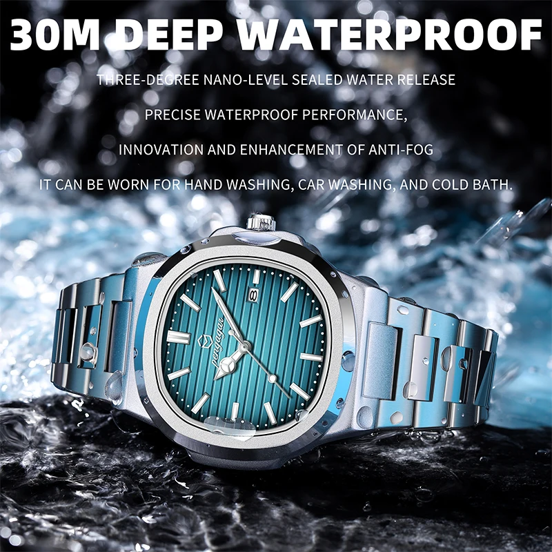 PENGAGAR مربع فاخر الرجال ساعة اليد مقاوم للماء تاريخ مضيئة الفولاذ المقاوم للصدأ ساعة الذكور الأعمال الرياضية ساعات كوارتز للرجال